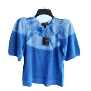 Charter Club Sweater Top 100% Cashmere Crew Neckline Puff Sleeve Two-Tone Blue S